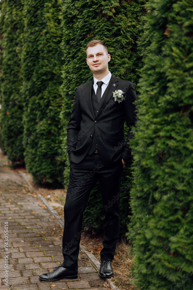 Portrait of a handsome young groom on an autumn day outdoors in an elegant suit. Outdoor photo. Handsome man in a business suit. Portrait of a handsome young groom on an autumn day outdoors in an elegant suit. Outdoor photo. Handsome man in a business suit.