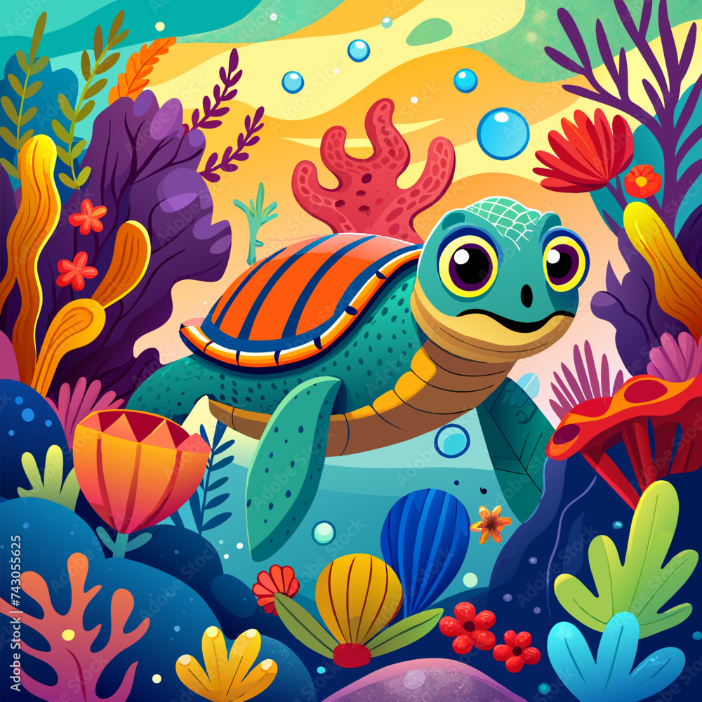 Illustration of turtle under the sea