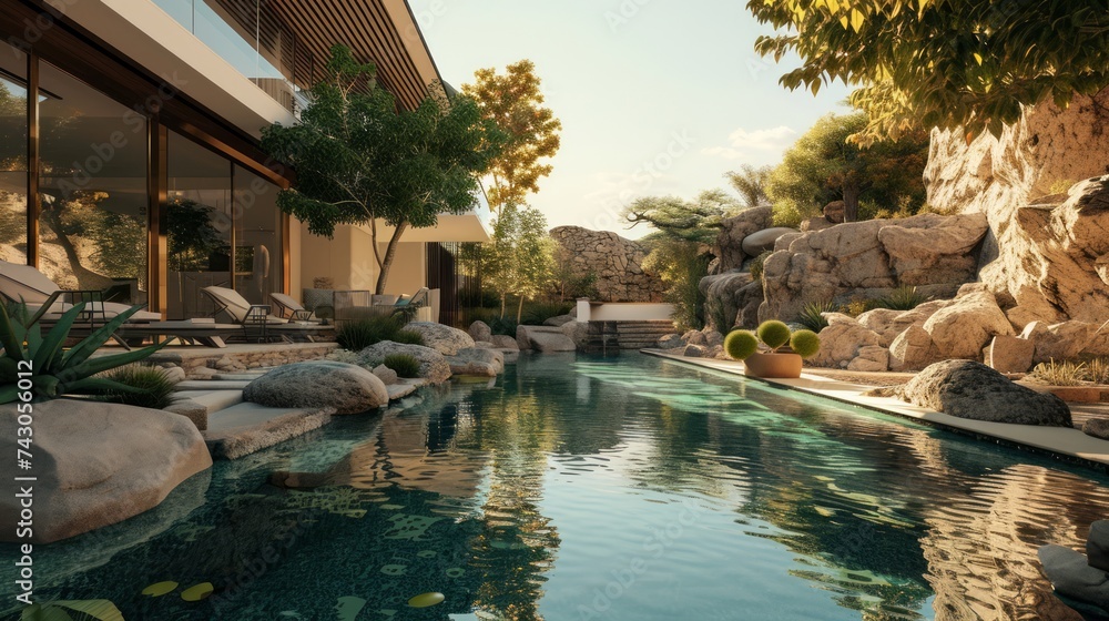 Generative AI Courtyard with a circular pool, modern house design, minimalistic features, calm waters, detailed and serene illustration