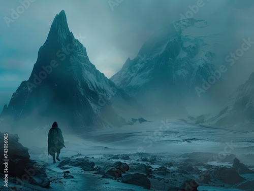 A cyclops wandering in a lost world with a desolate yet breathtaking mountainscape behind