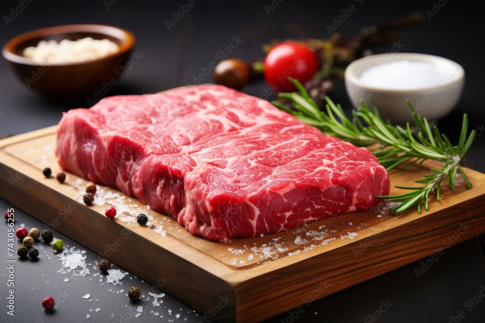 Raw beef steak on wooden board, fresh prime meat for cooking, premium quality beef cuts for grilling