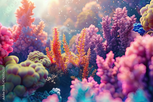 A polychromatic representation of a magnificent coral reef in a 3D animation