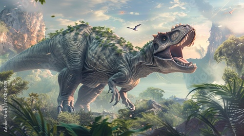 A stunning and unique backdrop background showcasing the dynamic interplay between a dinosaur and its fossil in a captivating natural environment
