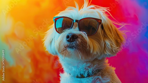 A stylish dog donning fashionable glasses and sitting gracefully in front of a vibrant and unique rainbow backdrop © Sataporn