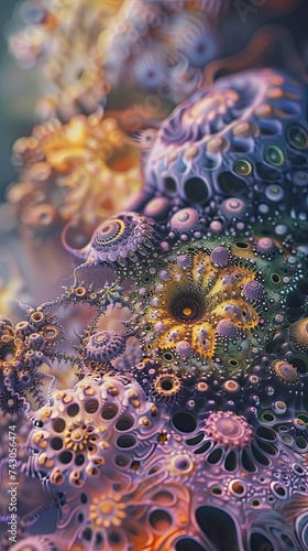 A super macro depiction of a cellular universe showing intricate details and unique patterns suitable for an illustrator creating a captivating backdrop background