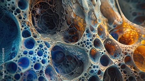 A super macro view of a cellular structure intricately detailed with vibrant and unique colors as seen under a high-powered microscope Ideal for an illustrator or 3D animator creating a stunning