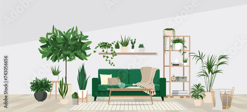 Living room interior with furniture and beautiful different potted green plants. House decor