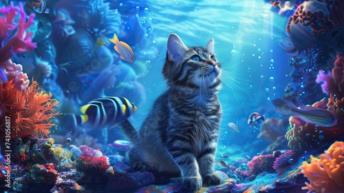 A whimsical scene depicting a playful cat interacting with a toy amidst a vibrant underwater backdrop complete with intricately designed fish in the surroundings