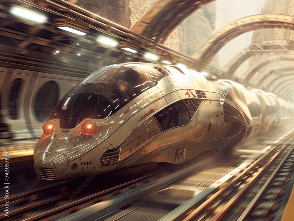 Create a surreal 3D interpretation of a futuristic high-speed train - obrazy, fototapety, plakaty 