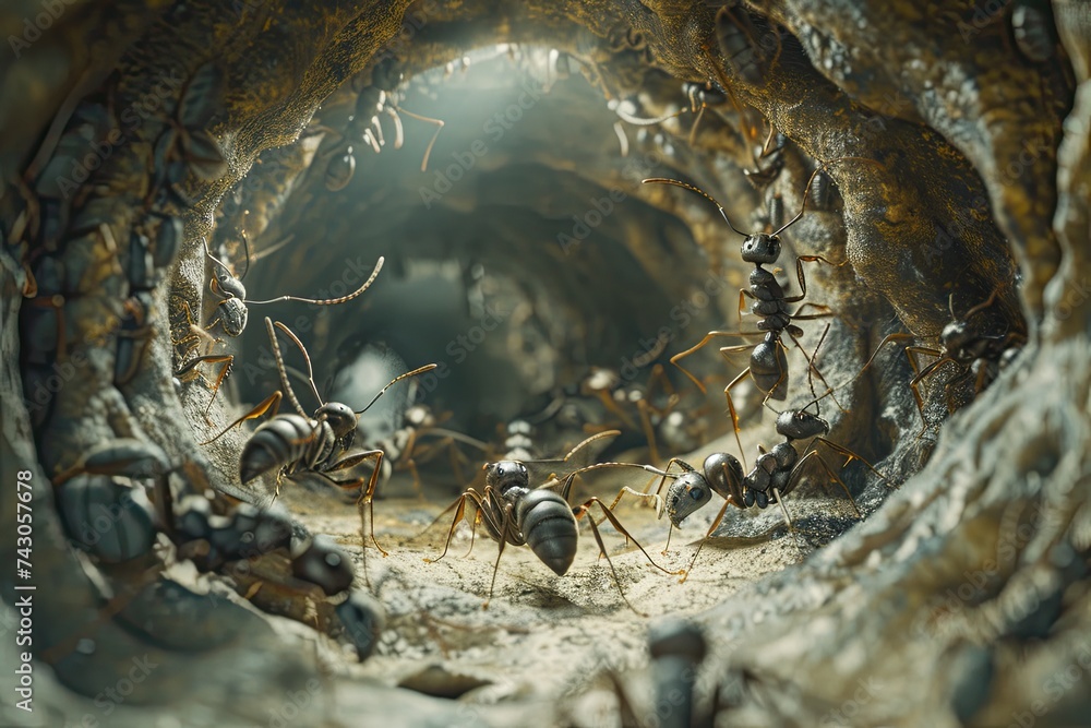 Create a uniquely detailed piece featuring a colony of ants magnified to super macro proportions As a 3D animator and illustrator you should bring out every aspect of - obrazy, fototapety, plakaty 