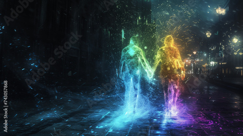 Ethereal Journey: Multi-Colored Beings in a Hazy City 