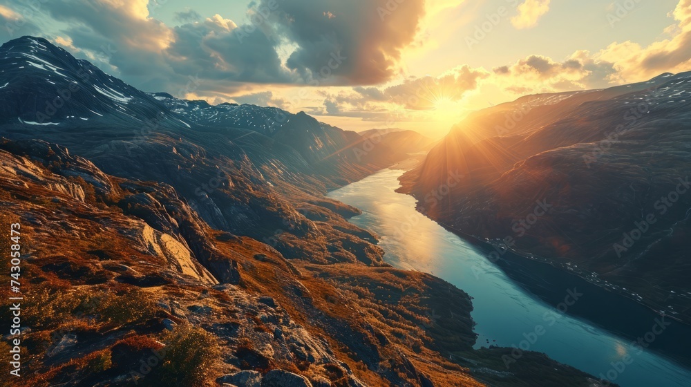 Generative AI Dramatic fjord vistas, drone's altitude, sun setting, serene coastal beauty, high-definition sunset tableau in Norwegian fjords --ar 16:9 --stylize 350 --v 6 Job ID: fb3b9b42-d60f-4328-8