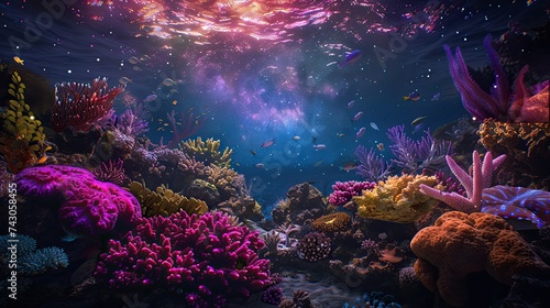 Underwater marvels brought to life with glowing corals set against the backdrop of a mesmerizing galaxy all placed in a dreamy oceanic setting