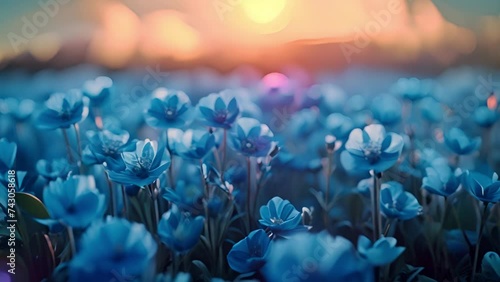 blue nemophila flower field in Hitachi seaside park, tourism in Japan, beautiful blooming blue flower field in summer with blue sky and sunlight soft background 4k video beauty