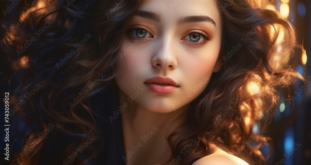 Fototapeta premium Craft a visually stunning image of a luminous young woman surrounded by soft, diffused light, accentuating the delicate features of her face, the gleam in her eyes-Ai Generative