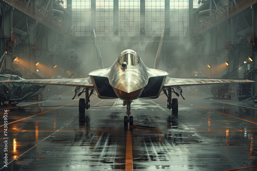 An aircraft is stored in a hangar, awaiting its next mission. The sleek vehicle is a marvel of aerospace engineering, featuring composite materials and a sturdy windshield - obrazy, fototapety, plakaty 