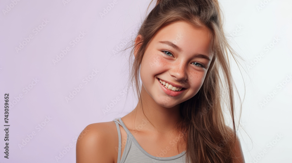 Smiling in Lavender: Young Girl's Studio Swimwear Portrait
