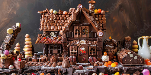 house made of chocolate with various sweets and chocolate