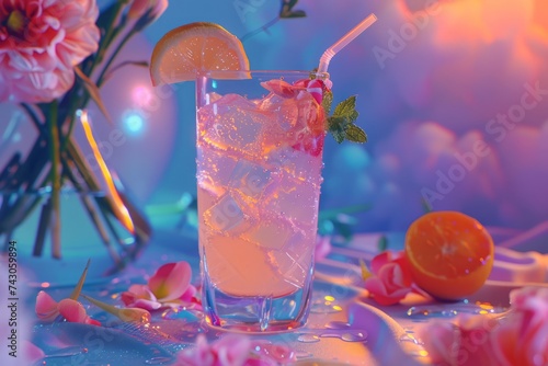 A glass of summer pink cocktail with ice, a slice of orange, and a decorative petal on a table