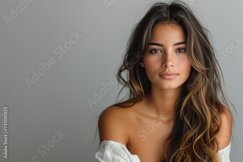 Stunning Latina Woman with Flowing Hair and Off-Shoulder Top, Studio Portrait.