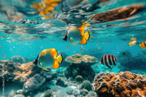 Vibrant Tropical Fish Swimming Amongst Colorful Coral Reefs.