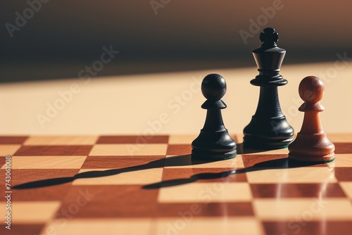 Chess king and pawn positioned on a wood grain chessboard, strong contrast and shadows, signifies competition and alliance photo