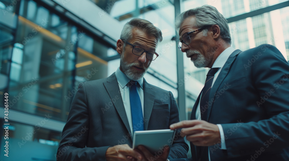 Two professionals in suits engaged in a focused discussion over a smartphone in an urban outdoor setting. Two professionals in suits engaged in a focused discussion over a smartphone in an urban outdoor setting.