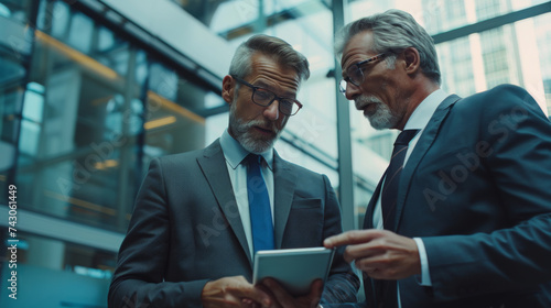 Two professionals in suits engaged in a focused discussion over a smartphone in an urban outdoor setting.