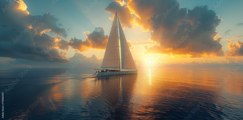 A boat is gliding through the water in the ocean under the sunset sky with clouds, creating a beautiful natural landscape during dusk - obrazy, fototapety, plakaty 