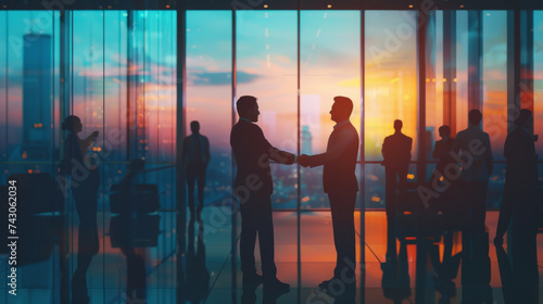 Two professionals engage in a handshake in a modern office with a panoramic view of the city at sunset.
