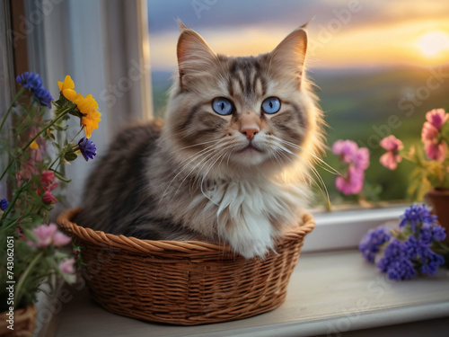 Realistic close up photo of a cute fluffy cat with big blue eyes sitting in a wicked basket with bright multicolored wildflowers on a windowsill. Basket stands against the background of the window  © Valeriia19