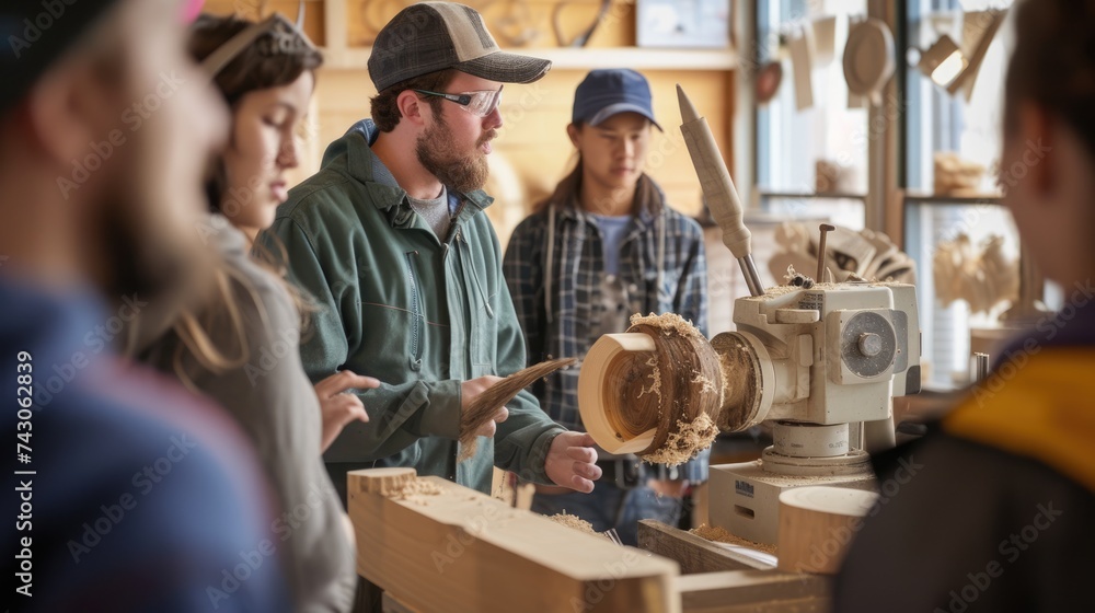 A skilled woodworker demonstrates lathe techniques to a group of engaged young apprentices in a well-equipped workshop. AIG41 - obrazy, fototapety, plakaty 