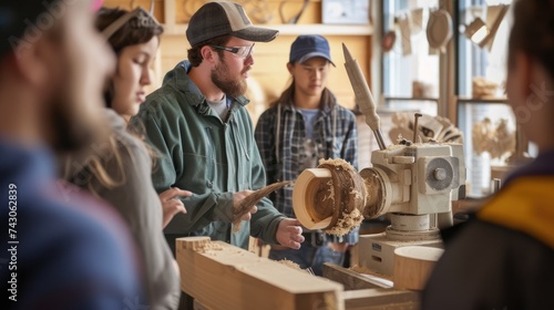 A skilled woodworker demonstrates lathe techniques to a group of engaged young apprentices in a well-equipped workshop. AIG41 photo