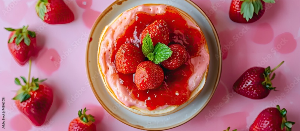 A plate is filled with a dessert covered in fresh strawberries, the dessert appears to be a crepe cake with strawberry jam drizzled on top. The plate is set on a table, ready to be enjoyed. A plate is filled with a dessert covered in fresh strawberries, the dessert appears to be a crepe cake with strawberry jam drizzled on top. The plate is set on a table, ready to be enjoyed.