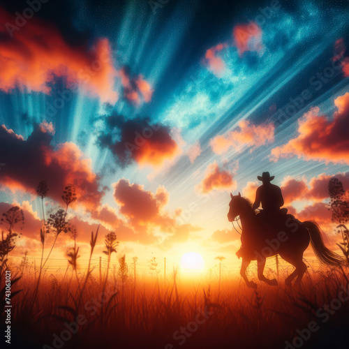 Um cowboy solitário cavalgando pelo pôr-do-sol photo
