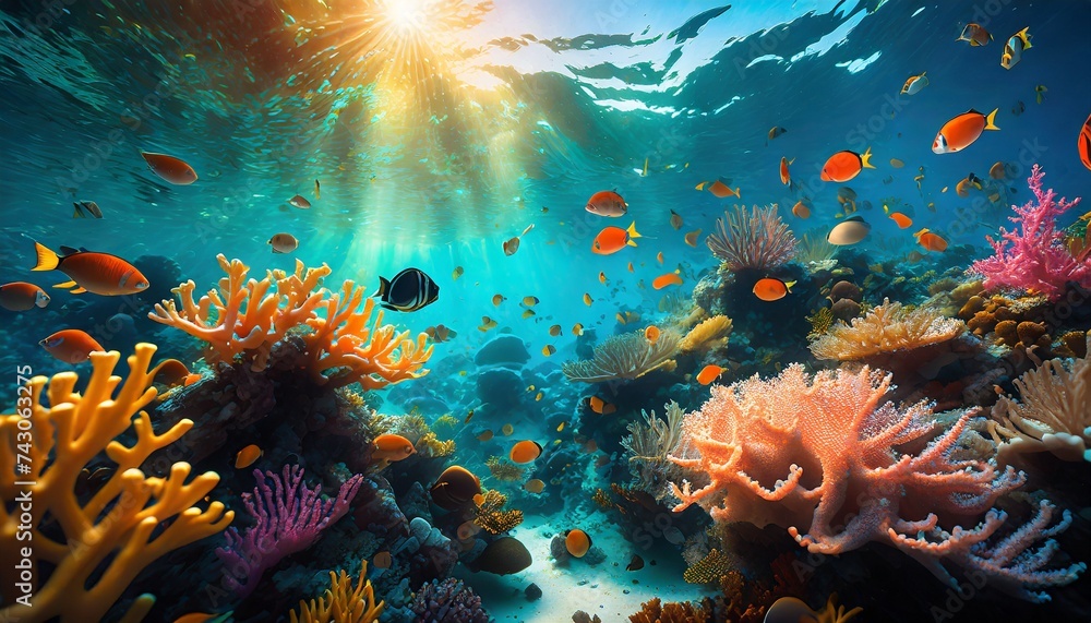 coral reef and fishes - obrazy, fototapety, plakaty 