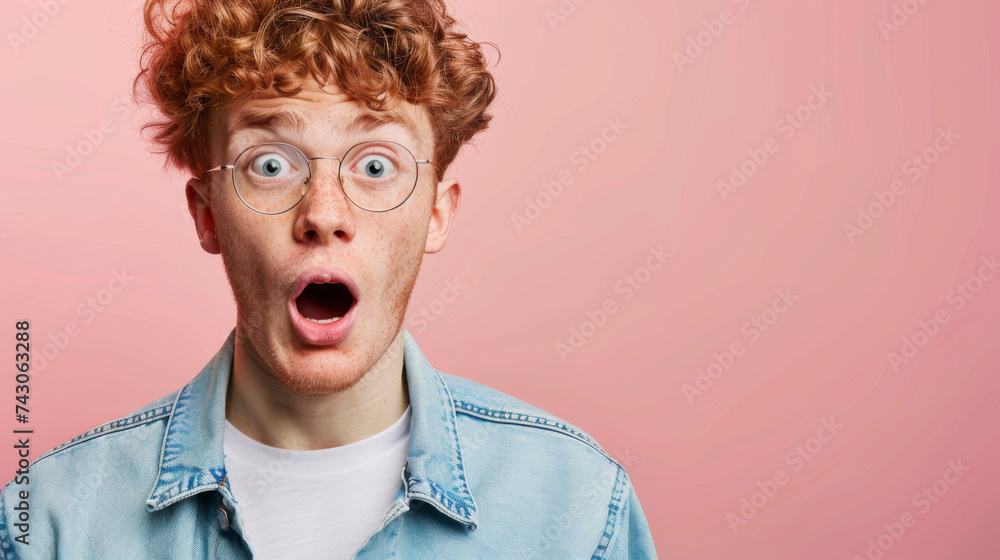A young man with curly hair and round glasses expresses surprise with wide eyes and an open mouth against a light background. A young man with curly hair and round glasses expresses surprise with wide eyes and an open mouth against a light background.