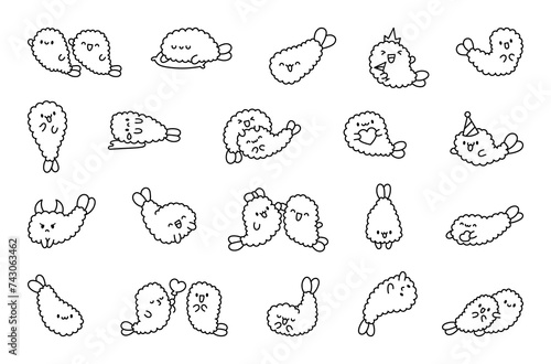 Funny tempura shrimp characters. Coloring Page. Cute cartoon japanese food. Hand drawn style. Vector drawing. Collection of design elements.