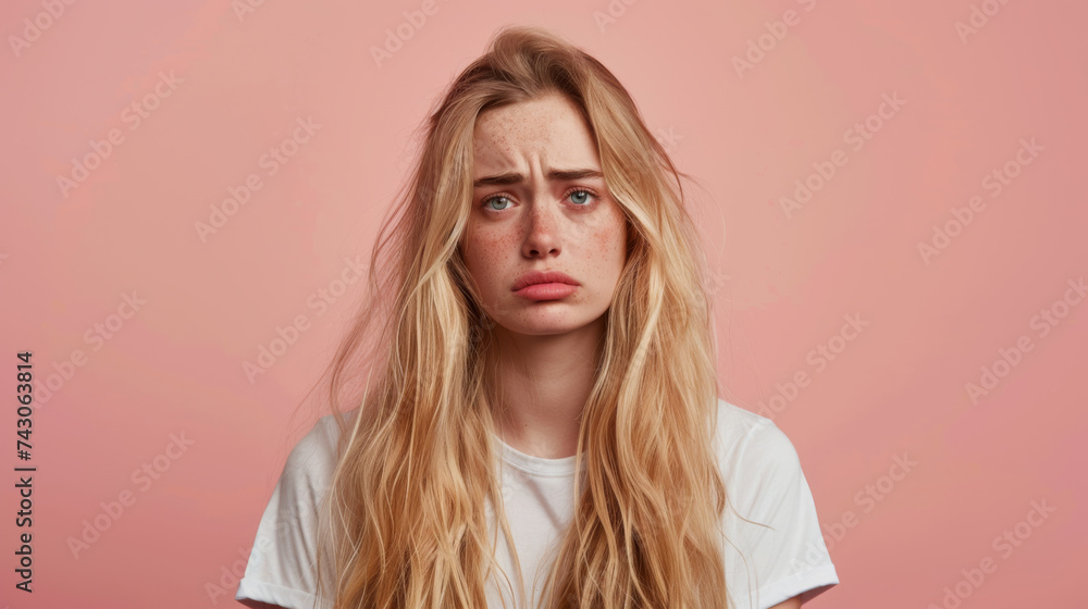 A young woman with a puzzled expression, featuring blonde hair and freckles, against a pink background. A young woman with a puzzled expression, featuring blonde hair and freckles, against a pink background.