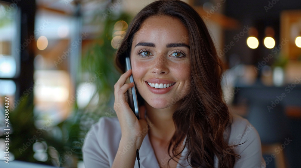 Young smiling happy woman talk by mobile cell phone. Young smiling happy woman talk by mobile cell phone.