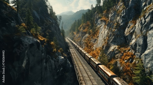 Generative AI High-altitude shots of a railway cutting through dense forests and rocky cliffs in the mountainous terrain.