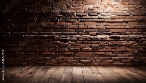 An empty room with a hardwood floor and a brick wall in shades of brown  showcasing a beautiful pattern of composite building materials