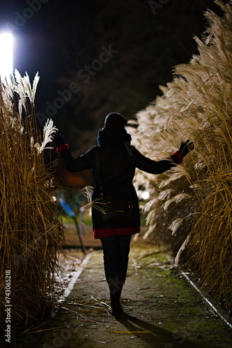 Postać kobiety tyłem idącej alejką w parku miejskim pomiędzy wysokimi trawami pampasowymi nocą