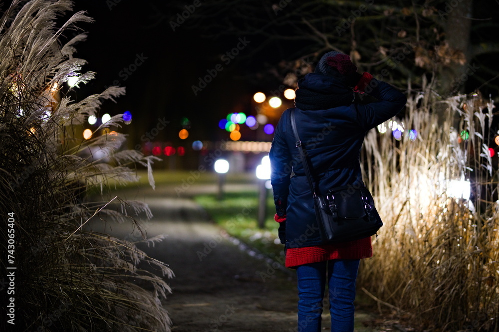 Postać kobiety tyłem idącej alejką w parku miejskim pomiędzy wysokimi trawami pampasowymi nocą - obrazy, fototapety, plakaty 