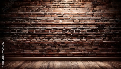 An empty room with a brown brick wall  wooden flooring  and a cloudy pattern of tints and shades on the brickwork