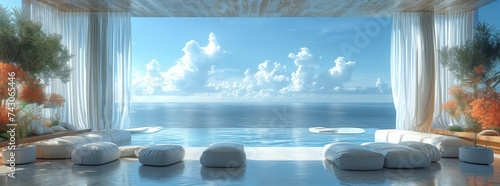 A spacious living room with a panoramic view of the ocean through a large window, showcasing the beautiful cloudfilled sky, glistening water, and distant city skyline on the horizon