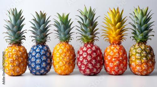 different color pineapple fruit on a gray background. Pineapples at market. Close-up of pineapples. Exotic fruits in a row. Banner made of multi-colored pineapples.