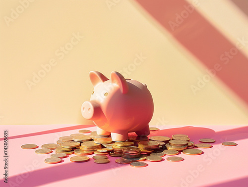 Vintage piggy bank on a pile of coins under a spotlight casting a shadow on a pastel background saving concept