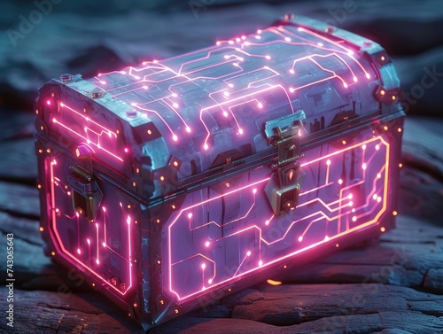 Treasure chest with neon circuit patterns tech enhanced under moonlight hyper realistic photo