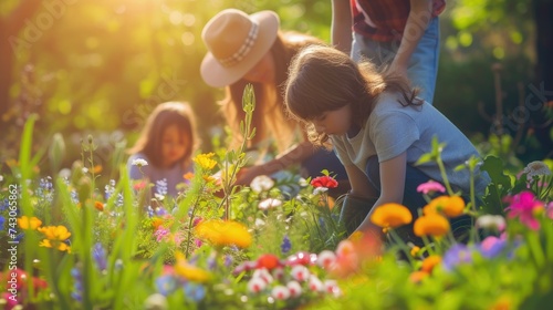 A boy and a girl happily picking flowers in a natural environment, sharing a joyful moment amidst the plant-filled garden. AIG41